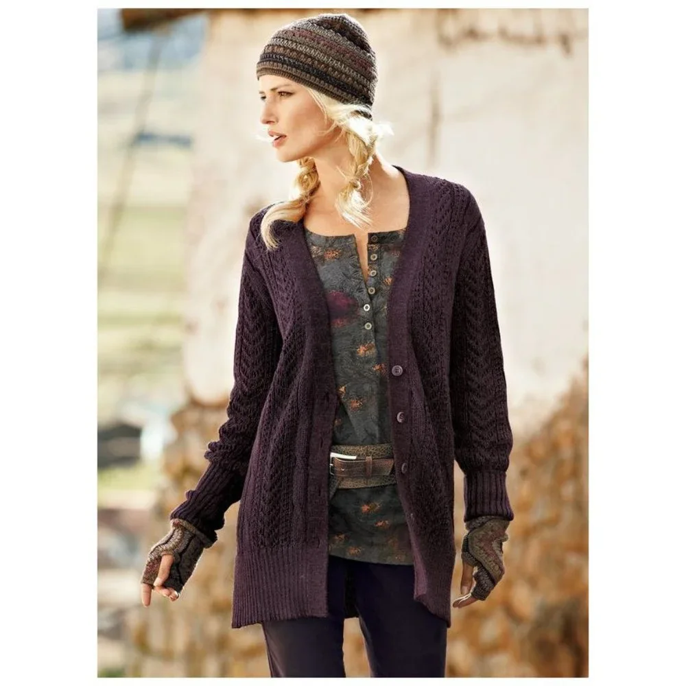 PERUVIAN CONNECTION Alpaca Boyfriend Long Cardigan Sweater Plum sz M Women's - Picture 1 of 9